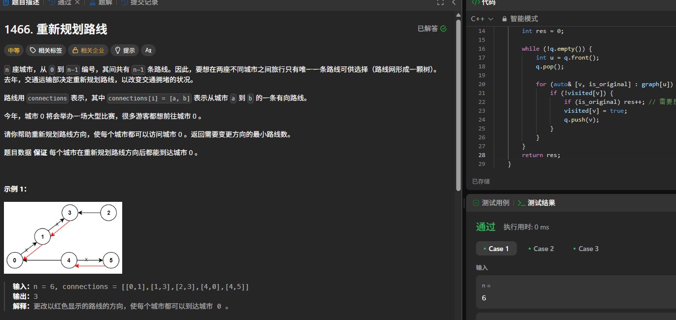 力扣1466题：利用BFS解决有向图重排问题